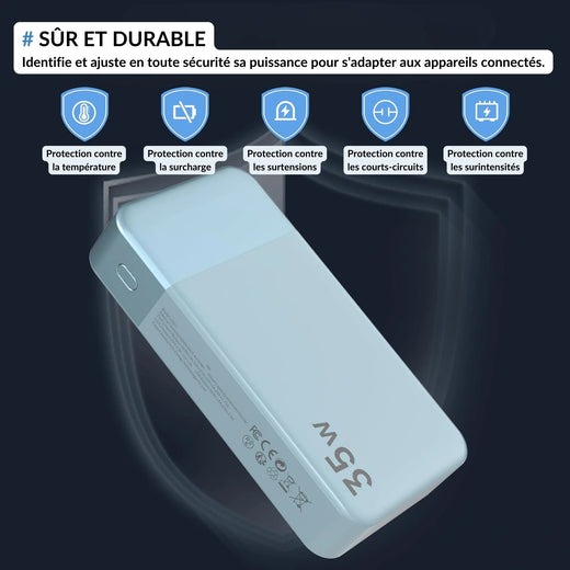 Batterie externe 35W portable avec protections intégrées contre la surchauffe, surtensions, courts-circuits et surintensités. Accessoire de voyage sûr et durable pour smartphone, tablette et gadgets connectés.