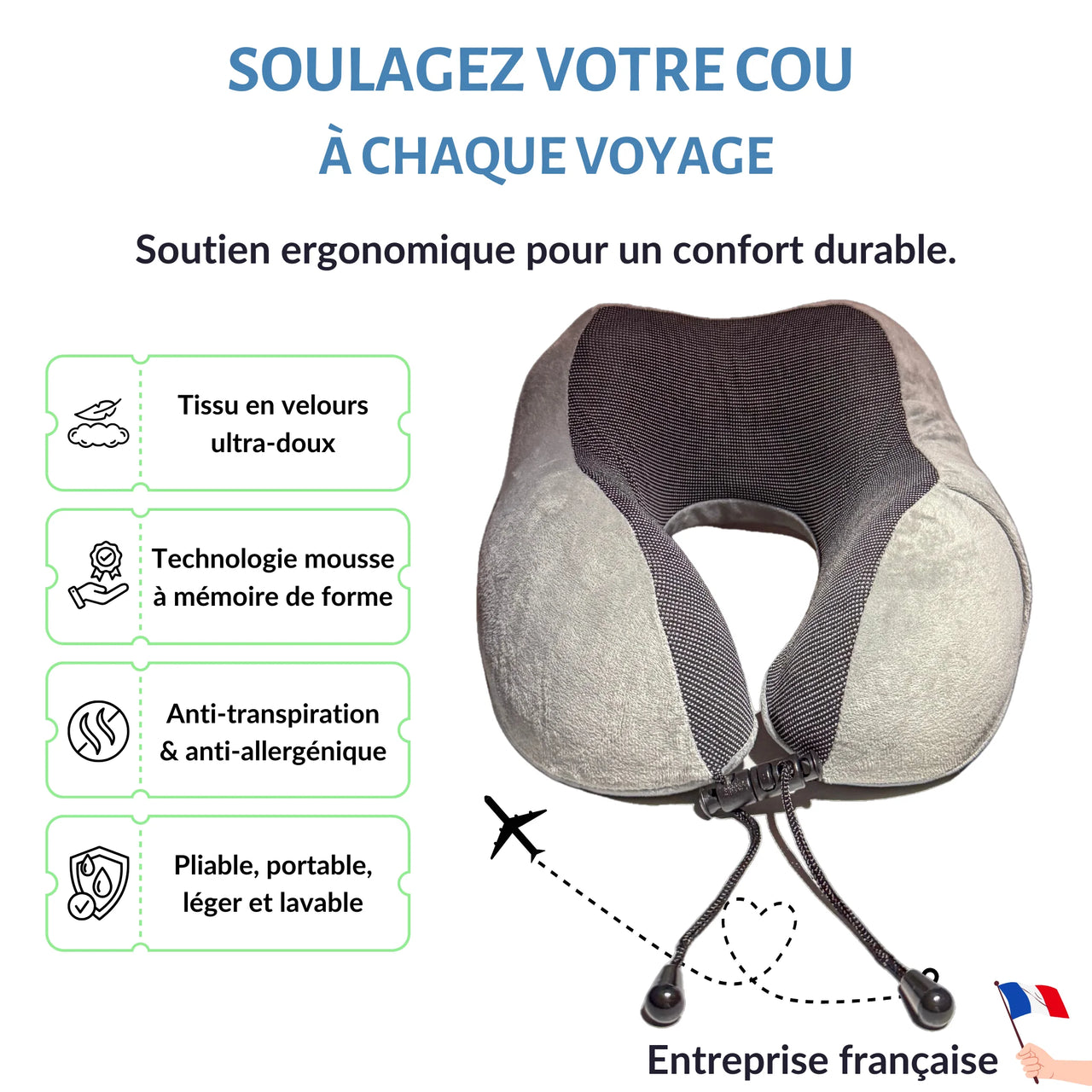 Coussin ergonomique en velours gris perle avec mousse à mémoire de forme. Idéal pour soulager les douleurs cervicales et offrir un confort optimal lors des voyages. Produit pliable, léger et lavable.