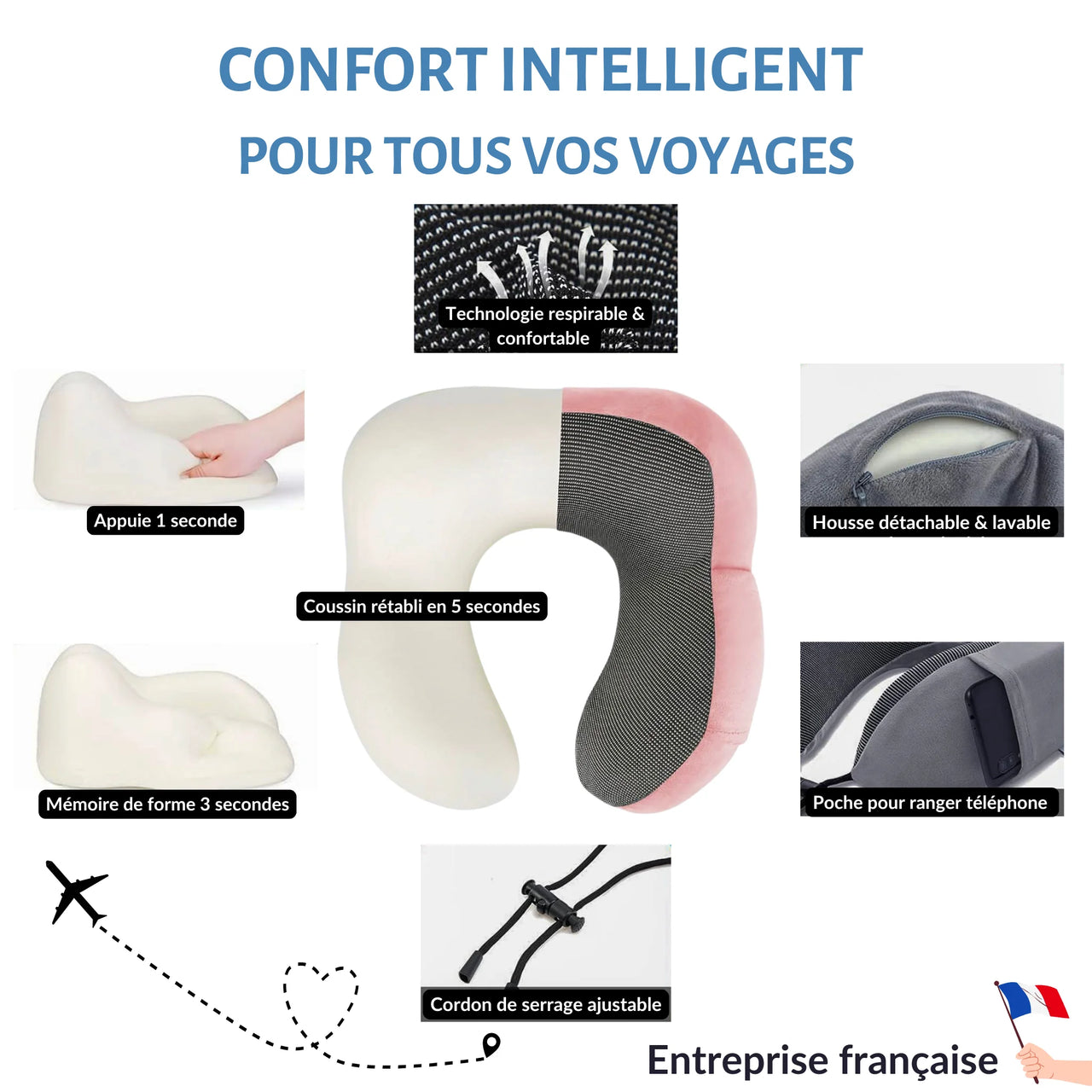 Coussin de voyage à mémoire de forme avec housse lavable, technologie respirable, poche pour téléphone et cordon de serrage ajustable. Confort intelligent pour tous vos voyages.