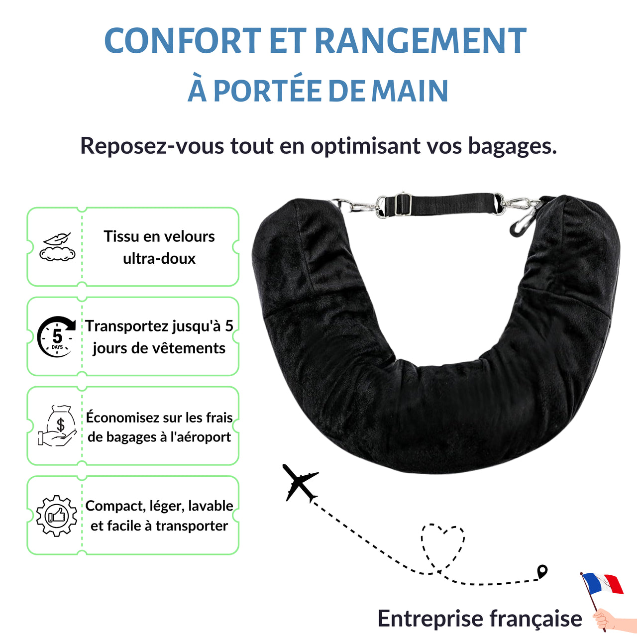 Coussin de voyage ultra-pratique avec rangement intégré, fabriqué en velours doux, idéal pour transporter jusqu'à 5 jours de vêtements et optimiser vos bagages.