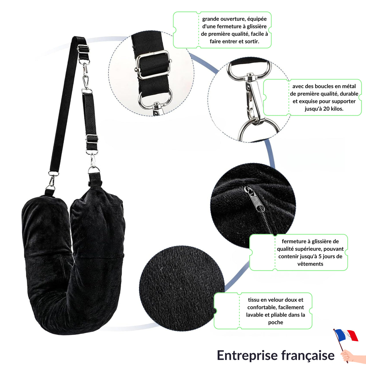 Zoom sur le coussin de voyage avec rangement intégré, montrant des détails de qualité : boucles en métal, tissu en velours doux, fermeture résistante et grande capacité.