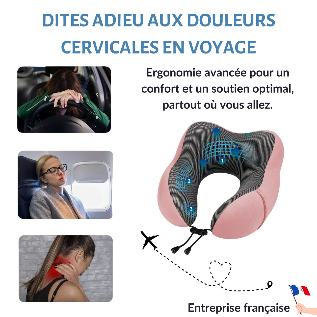 Coussin ergonomique de voyage à mémoire de forme, conçu pour soulager les douleurs cervicales. Idéal pour les trajets en voiture, avion et moments de détente.