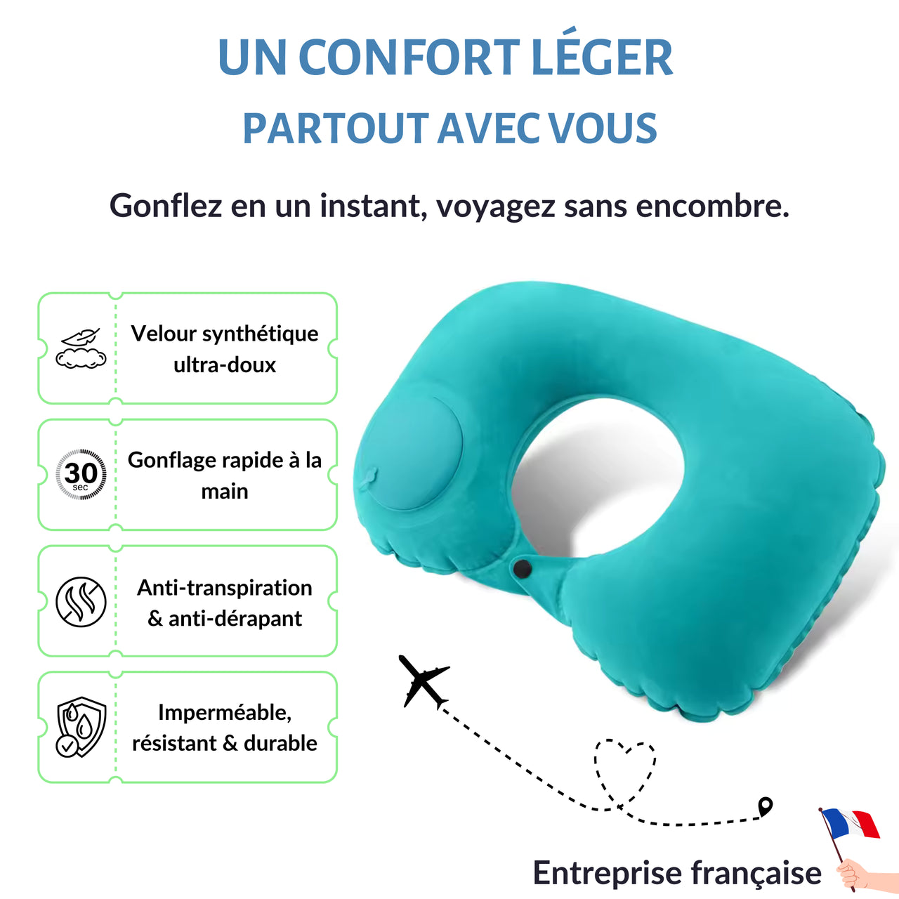 Coussin de voyage gonflable léger et pratique en velours doux, avec système de gonflage manuel rapide et durable. Idéal pour voyager confortablement sans encombre.