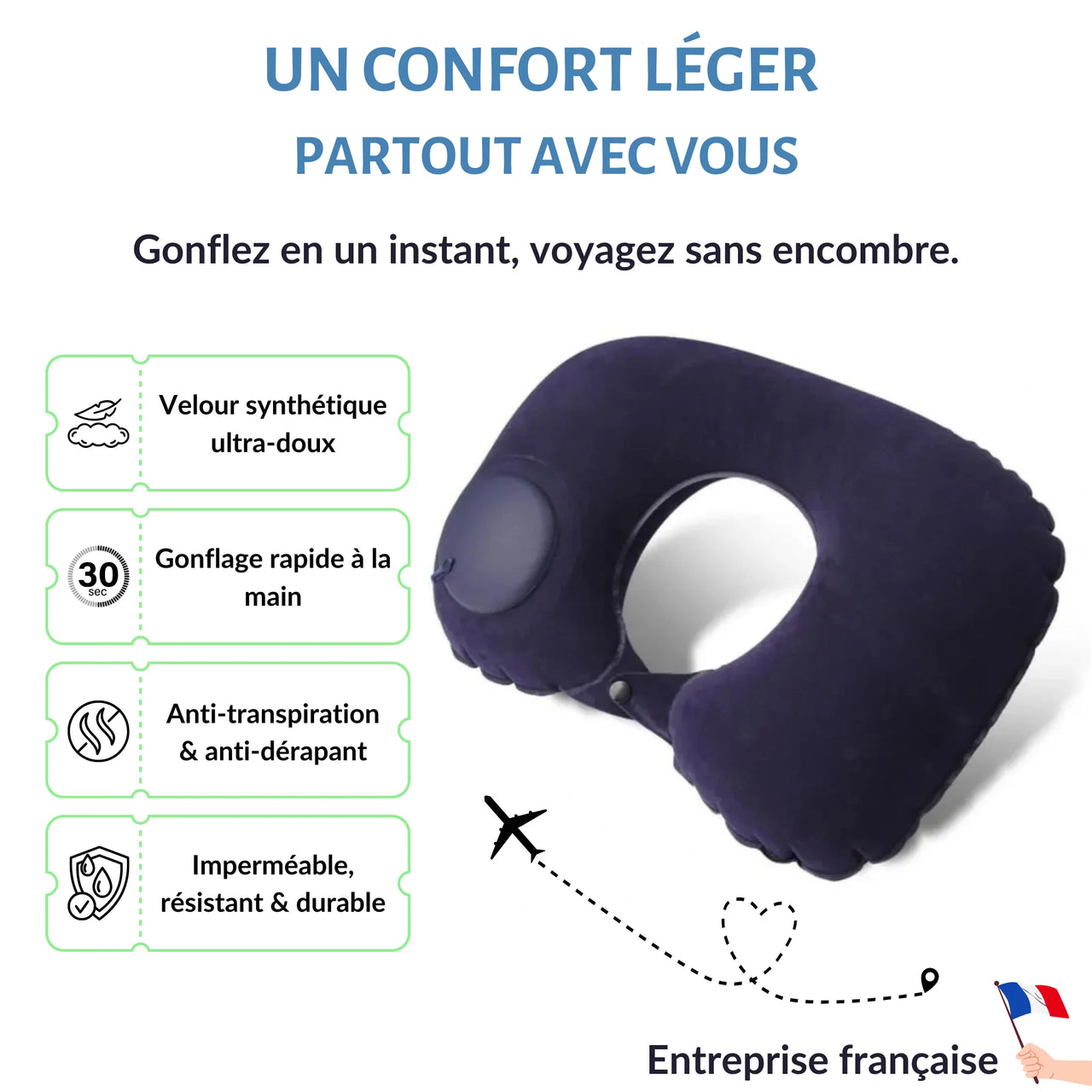 Coussin de voyage gonflable bleu marine en velours doux, équipé d'un gonflage manuel rapide et anti-transpiration. Idéal pour voyager léger et confortable.