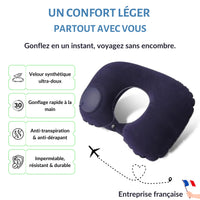 Thumbnail for Coussin de voyage gonflable bleu marine en velours doux, équipé d'un gonflage manuel rapide et anti-transpiration. Idéal pour voyager léger et confortable.