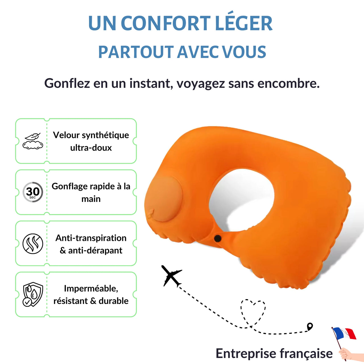 Coussin de voyage gonflable orange, ultra-léger et pratique, avec système de gonflage manuel en 30 secondes. Accessoire ergonomique pour un confort optimal en déplacement.