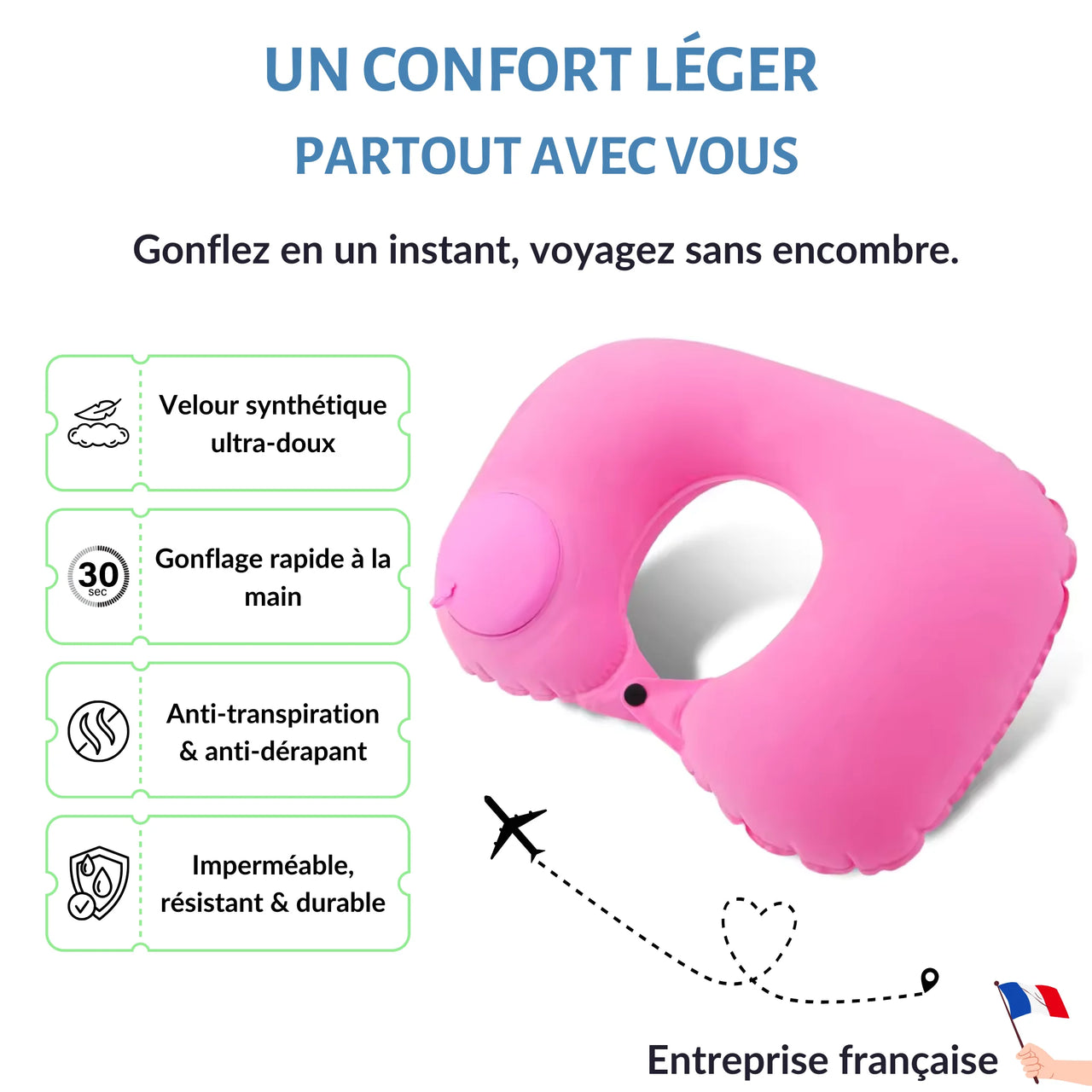 Coussin de voyage gonflable rose avec système de gonflage rapide à la main, en velours ultra-doux. Parfait pour un confort léger et pratique lors de vos déplacements en avion, train ou voiture.