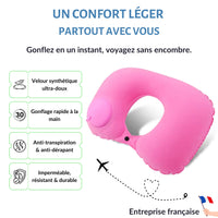 Thumbnail for Coussin de voyage gonflable rose avec système de gonflage rapide à la main, en velours ultra-doux. Parfait pour un confort léger et pratique lors de vos déplacements en avion, train ou voiture.