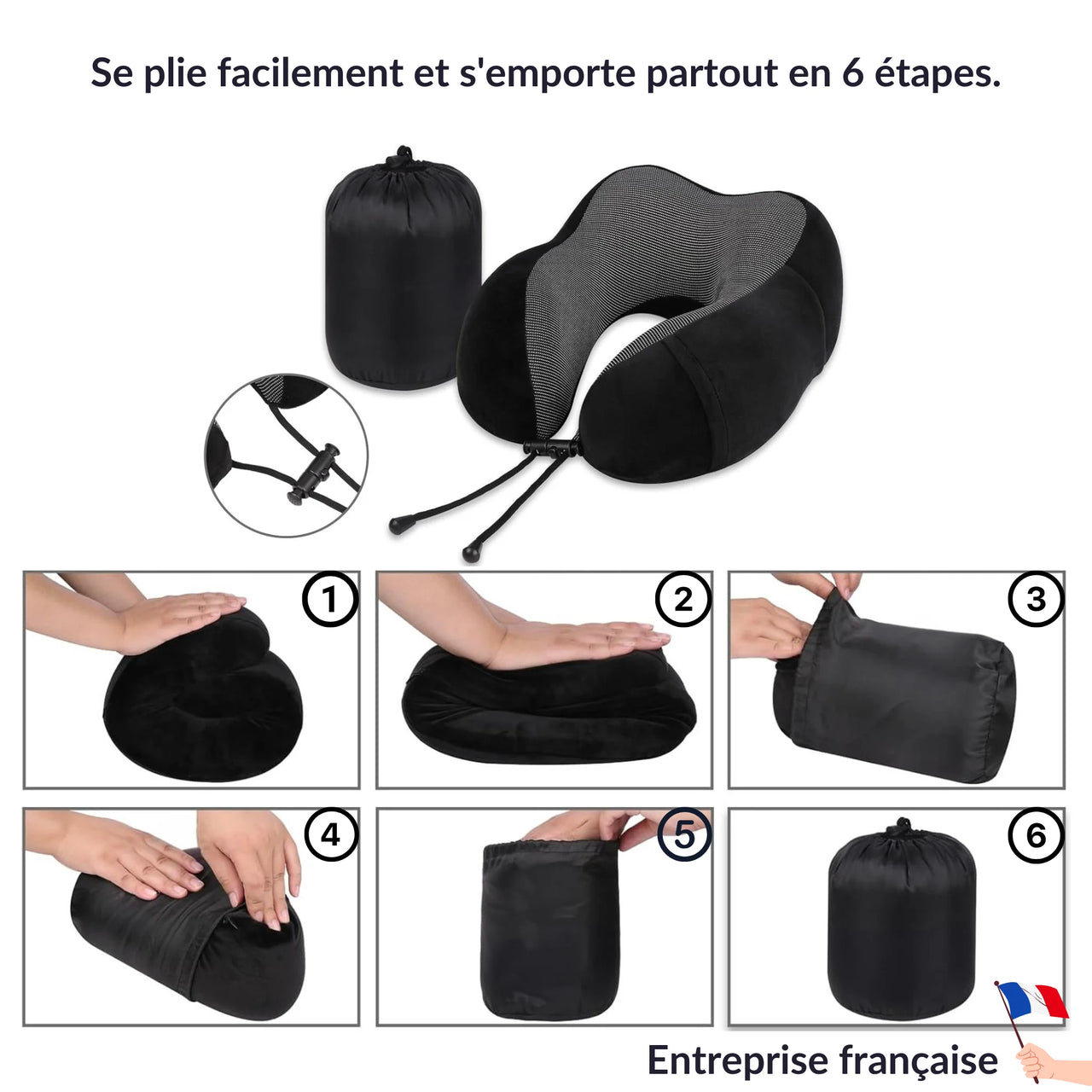 Coussin de voyage à mémoire de forme noir, compact et facile à ranger en 6 étapes. Idéal pour optimiser l’espace dans vos bagages et voyager confortablement.