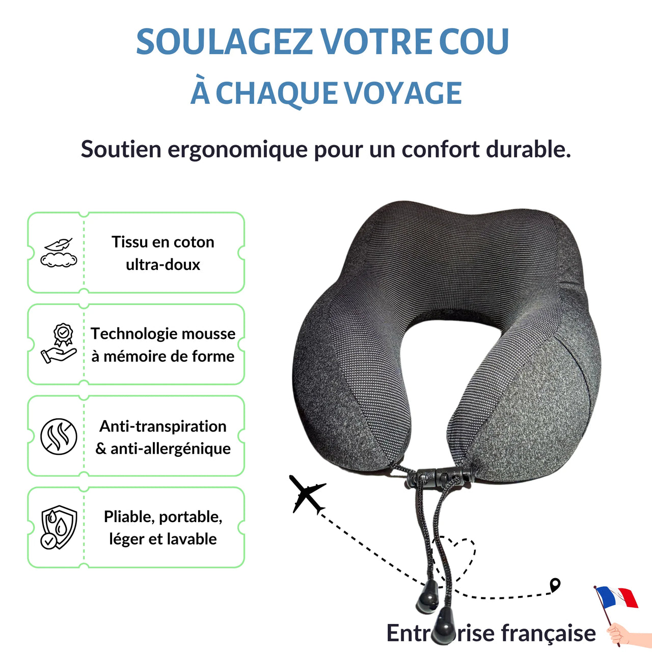 Coussin de voyage ergonomique en tissu gris foncé glacé, conçu avec mousse à mémoire de forme pour un confort cervical durable. Léger, pliable et anti-transpiration, idéal pour vos voyages.