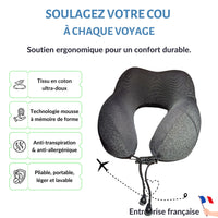 Thumbnail for Coussin de voyage ergonomique en tissu gris foncé glacé, conçu avec mousse à mémoire de forme pour un confort cervical durable. Léger, pliable et anti-transpiration, idéal pour vos voyages.