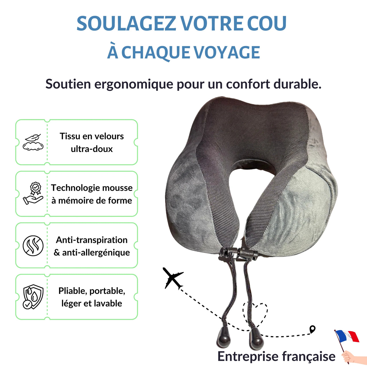 Coussin de voyage ergonomique en velours gris anthracite, avec mousse à mémoire de forme pour un confort cervical optimal. Léger, portable et lavable, idéal pour tous vos déplacements.