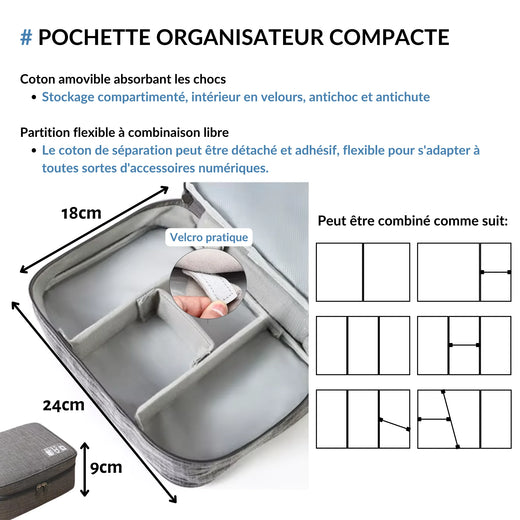 Pochette organisateur compacte avec dimensions 24x18x9 cm, compartiments modulables grâce à des séparateurs en velcro pratiques, idéale pour ranger accessoires électroniques ou cosmétiques.