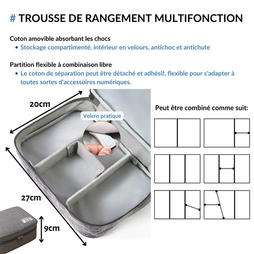 Trousse de Rangement Multifonction : Dimensions 27x20x9 cm, avec partitions amovibles et velcro pratique pour une organisation flexible de vos accessoires numériques et objets essentiels.