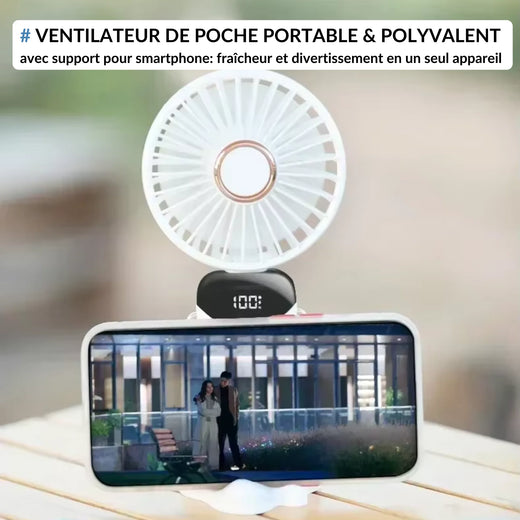 Ventilateur de poche portable avec support pour smartphone, combinant fraîcheur et divertissement, idéal pour regarder des vidéos en tout confort.