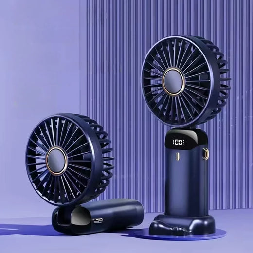 Ventilateur de poche portable bleu, rechargeable via USB, avec écran LED et socle détachable, élégant et pratique pour un usage quotidien.